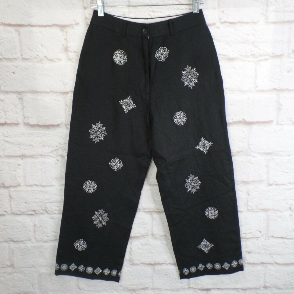 Deane & White Linen Black Embroidered Pants size 4